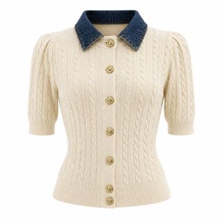 S158 Áo Cardigan Dệt Kim Nữ Cổ Bẻ Phối Denim Dệt Cable Knit Tay Phồng Công Sở Thanh Lịch Hàn Quốc S M L XL