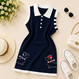 A116 Đầm Len Dệt Kim Polo Thêu Họa Tiết Phối Màu Dáng Xòe Thanh Lịch Size S M L XL