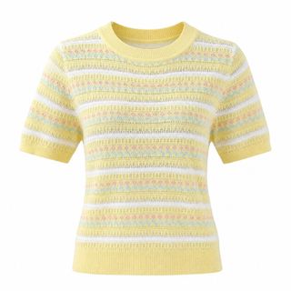 S155 Áo Len Dệt Kim Nữ Cổ Tròn Sọc Cầu Vồng Tay Ngắn Form Ôm Mát Lạnh Phong Cách Hàn Quốc Freesize