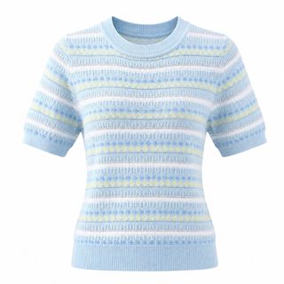 S155 Áo Len Dệt Kim Nữ Cổ Tròn Sọc Cầu Vồng Tay Ngắn Form Ôm Mát Lạnh Phong Cách Hàn Quốc Freesize