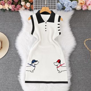 A116 Đầm Len Dệt Kim Polo Thêu Họa Tiết Phối Màu Dáng Xòe Thanh Lịch Size S M L XL