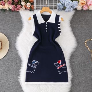 A116 Đầm Len Dệt Kim Polo Thêu Họa Tiết Phối Màu Dáng Xòe Thanh Lịch Size S M L XL