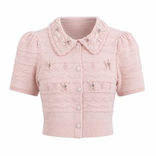 S157 Áo Cardigan Dệt Kim Nữ Cổ Búp Bê Đính Nơ Tay Bồng Cài Cúc Dáng Ôm Phong Cách Hàn Quốc Freesize