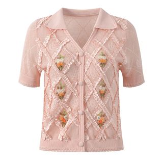 A102 Áo Cardigan Dệt Kim Ice Silk Cổ V Đính Hạt Ngọc Phối Họa Tiết Trám Hoa Móc Thanh Lịch Công Sở - Size S M L