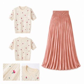 ELVIA Áo Dệt Kim Thêu Hoa Hồng Và Chân Váy Xếp Ly Satin Màu Hồng Thanh Lịch - Freesize
