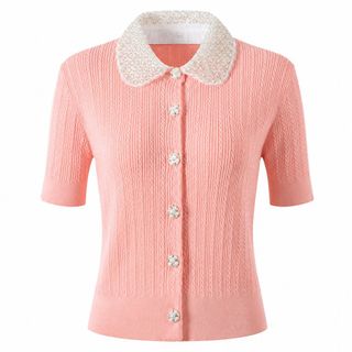 ELVIA Áo Dệt Kim Cổ Búp Bê Đính Ngọc Trai Tay Lửng Form Ôm Thanh Lịch - Size S M L