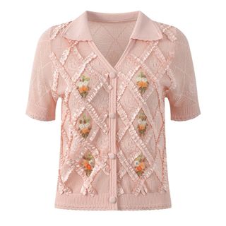 A102 Áo Cardigan Dệt Kim Ice Silk Cổ V Đính Hạt Ngọc Phối Họa Tiết Trám Hoa Móc Thanh Lịch Công Sở - Size S M L
