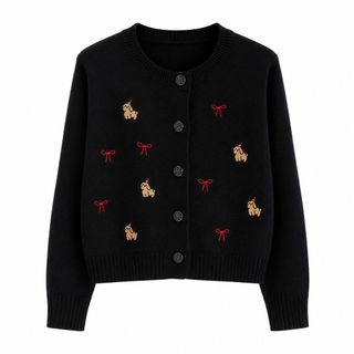S154 Áo Cardigan Nữ Cổ Tròn Thêu Hình Cún Dệt Kim Tay Dài Form Ngắn Phối Đồ Hàn Quốc Freesize