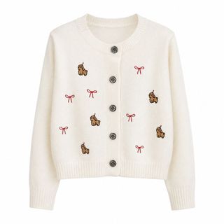 S154 Áo Cardigan Nữ Cổ Tròn Thêu Hình Cún Dệt Kim Tay Dài Form Ngắn Phối Đồ Hàn Quốc Freesize