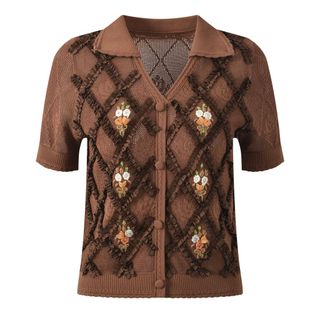 A102 Áo Cardigan Dệt Kim Ice Silk Cổ V Đính Hạt Ngọc Phối Họa Tiết Trám Hoa Móc Thanh Lịch Công Sở - Size S M L