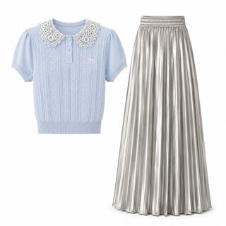 A106 Set Áo Dệt Kim Cổ Ren Tay Ngắn Phối Chân Váy Satin Xếp Ly Dài - Áo S-XL