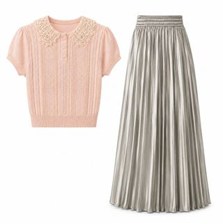A106 Set Áo Dệt Kim Cổ Ren Tay Ngắn Phối Chân Váy Satin Xếp Ly Dài - Áo S-XL