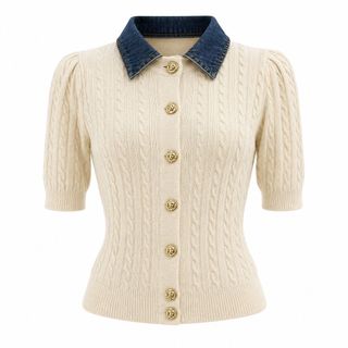 NPA MAISON Áo Cardigan Dệt Kim Nữ Cổ Bẻ Phối Denim Dệt Cable Knit Tay Phồng Công Sở Thanh Lịch Hàn Quốc S M L XL