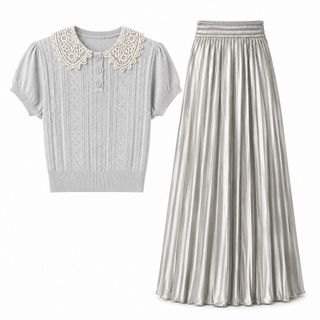 ELVIA Set Áo Dệt Kim Cổ Ren Tay Ngắn Phối Chân Váy Satin Xếp Ly Dài Cạp Cao Thanh Lịch - Áo Size S M L XL - Váy Freesize