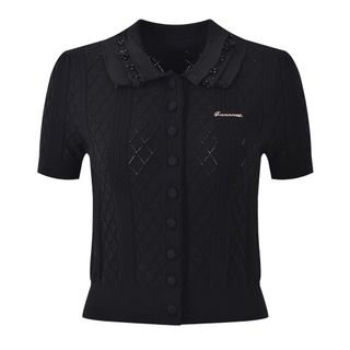 A111 Áo Cardigan Dệt Kim Ice Silk Cổ Polo Phối Bèo Đính Ngọc Trai Thanh Lịch Phong Cách Tiểu Thư - Size S M L