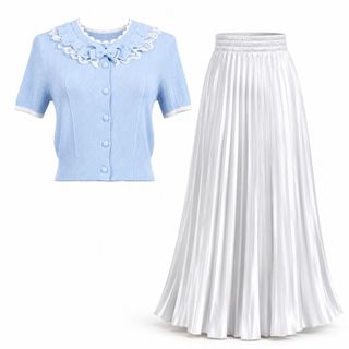 Noble Muse Set Áo Dệt Kim Phối Nơ & Chân Váy Satin Xếp Ly Dài Cạp Cao Thanh Lịch - Áo Freesize | Váy Freesize