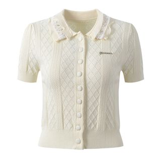 A111 Áo Cardigan Dệt Kim Ice Silk Cổ Polo Phối Bèo Đính Ngọc Trai Thanh Lịch Phong Cách Tiểu Thư - Size S M L
