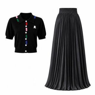 A104 Set Áo Dệt Kim Cổ Polo Màu Đen & Chân Váy Satin Xếp Ly Dài Cạp Cao Thanh Lịch - Áo Size S M L | Váy Freesize