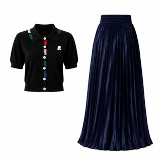 A104 Set Áo Dệt Kim Cổ Polo Màu Đen & Chân Váy Satin Xếp Ly Dài Cạp Cao Thanh Lịch - Áo Size S M L | Váy Freesize