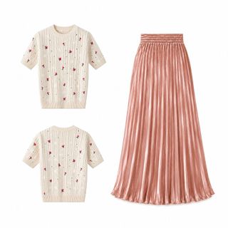 NPA Maison Set Áo Dệt Kim Thêu Hoa Hồng Và Chân Váy Xếp Ly Satin Màu Hồng Thanh Lịch Nữ Freesize