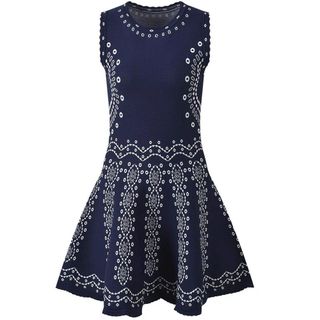 A134 Đầm Dệt Kim Jacquard Cao Cấp Nữ Cổ Tròn Không Tay Ôm Eo Tôn Dáng Xanh Navy Size S/M/L.