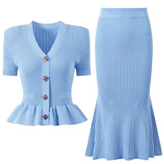 S147 Set Dệt Kim Nữ Áo Cardigan Cổ V Tay Lửng + Chân Váy Đuôi Cá Eo Cao Tôn Dáng Thanh Lịch Hàn Quốc Size S M L XL