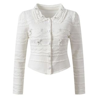 ELVIA Áo Len Cardigan Nữ Cổ Búp Bê Đính Hạt Tay Dài Dáng Ôm Thanh Lịch Công Sở Hàn Quốc S M L
