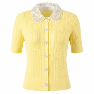 ALVIA Áo Dệt Kim Cổ Búp Bê Đính Ngọc Trai Cài Cúc French Chic Thanh Lịch - Size S M L