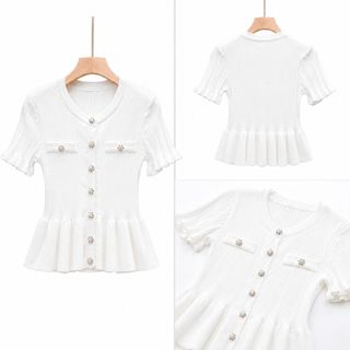 ALVIA Áo Len Dệt Kim Tay Lửng Cài Nút Thanh Lịch Công Sở Nữ Màu Trắng Size S M L