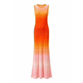 A136 Đầm Maxi Dệt Kim Gradient Nữ Cổ Tròn Không Tay Phong Cách Resort Đi Biển