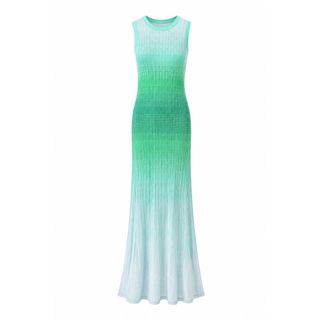 A136 Đầm Maxi Dệt Kim Gradient Nữ Cổ Tròn Không Tay Phong Cách Resort Đi Biển