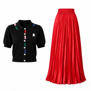 ALVIA Set Áo Dệt Kim Cổ Polo Màu Đen & Chân Váy Satin Xếp Ly Dài Cạp Cao Thanh Lịch - Áo Size S M L | Váy Freesize