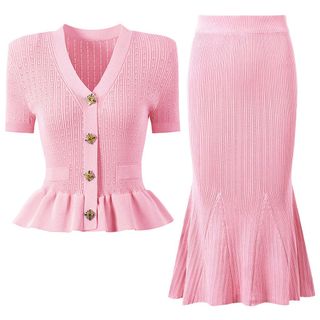 S147 Set Dệt Kim Nữ Áo Cardigan Cổ V Tay Lửng + Chân Váy Đuôi Cá Eo Cao Tôn Dáng Thanh Lịch Hàn Quốc Size S M L XL