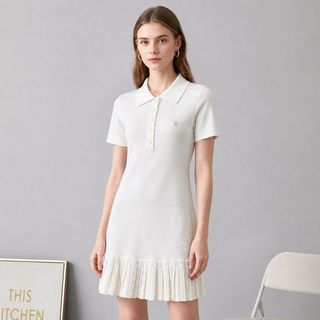 A124 Đầm Polo Dệt Kim Xếp Ly Thanh Lịch Nữ Cao Cấp | Màu Trắng | Size S M L