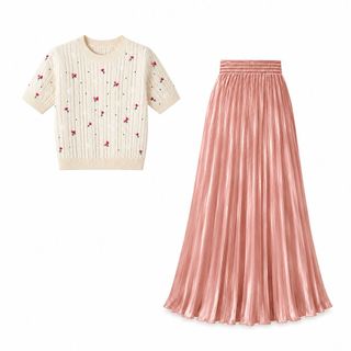 ALVIA Set Áo Dệt Kim Thêu Hoa Hồng Và Chân Váy Xếp Ly Satin Cạp Cao Thanh Lịch Freesize