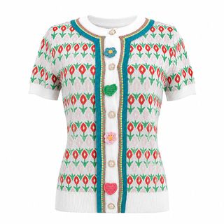 A145  Áo Cardigan Dệt Kim Nữ Hoa Nổi 3D Cổ Tròn Jacquard Phối Màu Tay Ngắn/Tay Dài Cao Cấp
