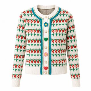 A145 Áo Cardigan Dệt Kim Nữ Hoa Nổi 3D Cổ Tròn Jacquard Phối Màu Tay Ngắn/Tay Dài Cao Cấp