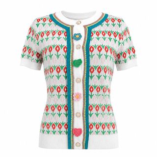 A145 Áo Cardigan Dệt Kim Nữ Hoa Nổi 3D Cổ Tròn Jacquard Phối Màu Tay Ngắn/Tay Dài Cao Cấp