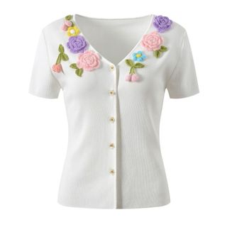 A141 Áo Khoác Cardigan Nữ Cổ V Đính Hoa 3D Dệt Kim Mềm Mại Phong Cách Hàn Quốc