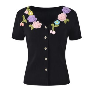 A141 Áo Khoác Cardigan Nữ Cổ V Đính Hoa 3D Dệt Kim Mềm Mại Phong Cách Hàn Quốc
