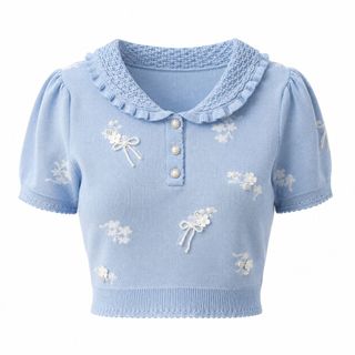 B144 Áo Dệt Kim Nữ Cổ Búp Bê Thêu Nơ In Hoa Ice Silk Mềm Mát Tay Lửng Form Ôm Thanh Lịch Hàn Quốc