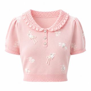 B144 Áo Dệt Kim Nữ Cổ Búp Bê Thêu Nơ In Hoa Ice Silk Mềm Mát Tay Lửng Form Ôm Thanh Lịch Hàn Quốc
