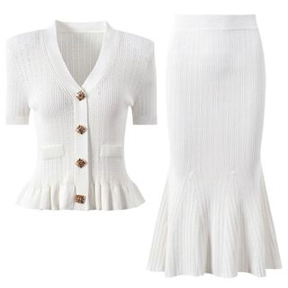 NOBLE MUSE Set Dệt Kim Nữ Áo Cardigan Cổ V Tay Lửng + Chân Váy Đuôi Cá Eo Cao Tôn Dáng Thanh Lịch Hàn Quốc Size S M L XL