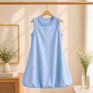 A118 Heart Embroidery Bubble Dress - Đầm Suông Hoa Búp Cổ Tròn Thêu Tim Phong Cách Hàn Quốc - Freesize