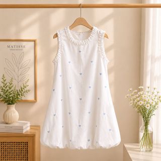 A118 Heart Embroidery Bubble Dress - Đầm Suông Hoa Búp Cổ Tròn Thêu Tim Phong Cách Hàn Quốc - Freesize