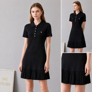 A123 Đầm Polo Dệt Kim Xếp Ly Dáng Ôm Cao Cấp Màu Đen | Đầm Nữ Thanh Lịch Golf Tennis | Size S M L