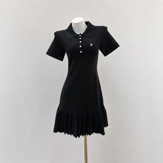 A123 Đầm Polo Dệt Kim Xếp Ly Dáng Ôm Cao Cấp Màu Đen | Đầm Nữ Thanh Lịch Golf Tennis | Size S M L