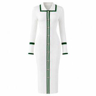ORVIA Đầm Dệt Kim Nữ Polo Dài Tay Dài Qua Gối Phối Sọc Tương Phản Ôm Dáng Thanh Lịch Công Sở Hàn Quốc S M L