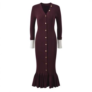 Noble Muse Đầm Dệt Kim Nữ Cổ V Tay Dài Đuôi Cá Maxi Thanh Lịch Ôm Eo Tôn Dáng Phong Cách Pháp S M L XL