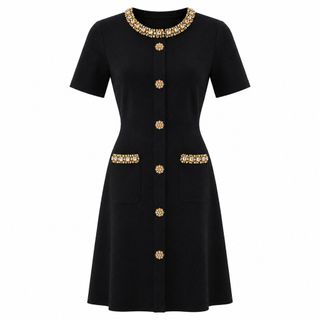 A138 Đầm Dệt Kim Cổ Tròn Đính Đá Tay Dài Dáng Chữ A Thanh Lịch Công Sở Size S M L XL